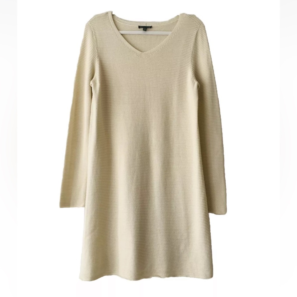Eileen Fisher V-Neck Knit Sweater Dress Women Size S Beige Quiet Luxury Neutral